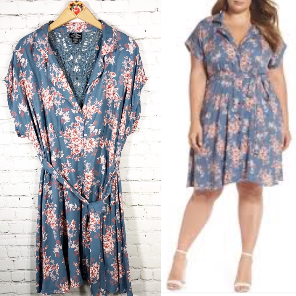 Angie Floral Belted Shirt Dress with Crochet Back